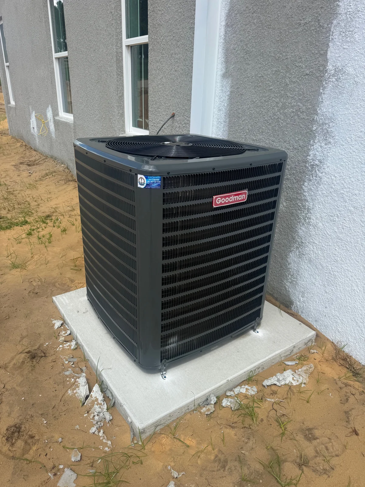 New air conditioning condenser installed at a new-construction home in Polk County FL by Anchored A/C & Heating