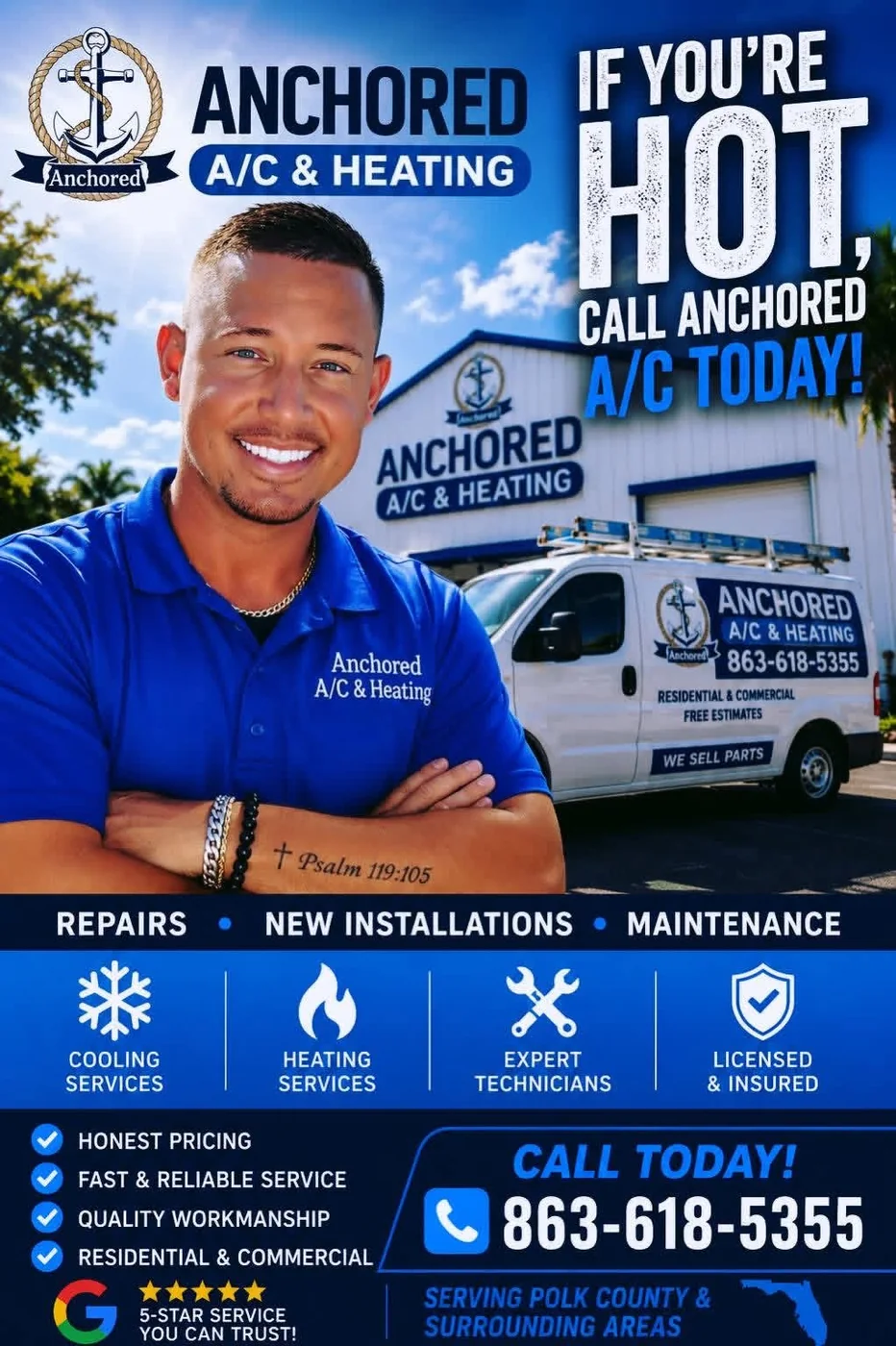 Owner of Anchored A/C & Heating with the branded service van serving Polk County FL