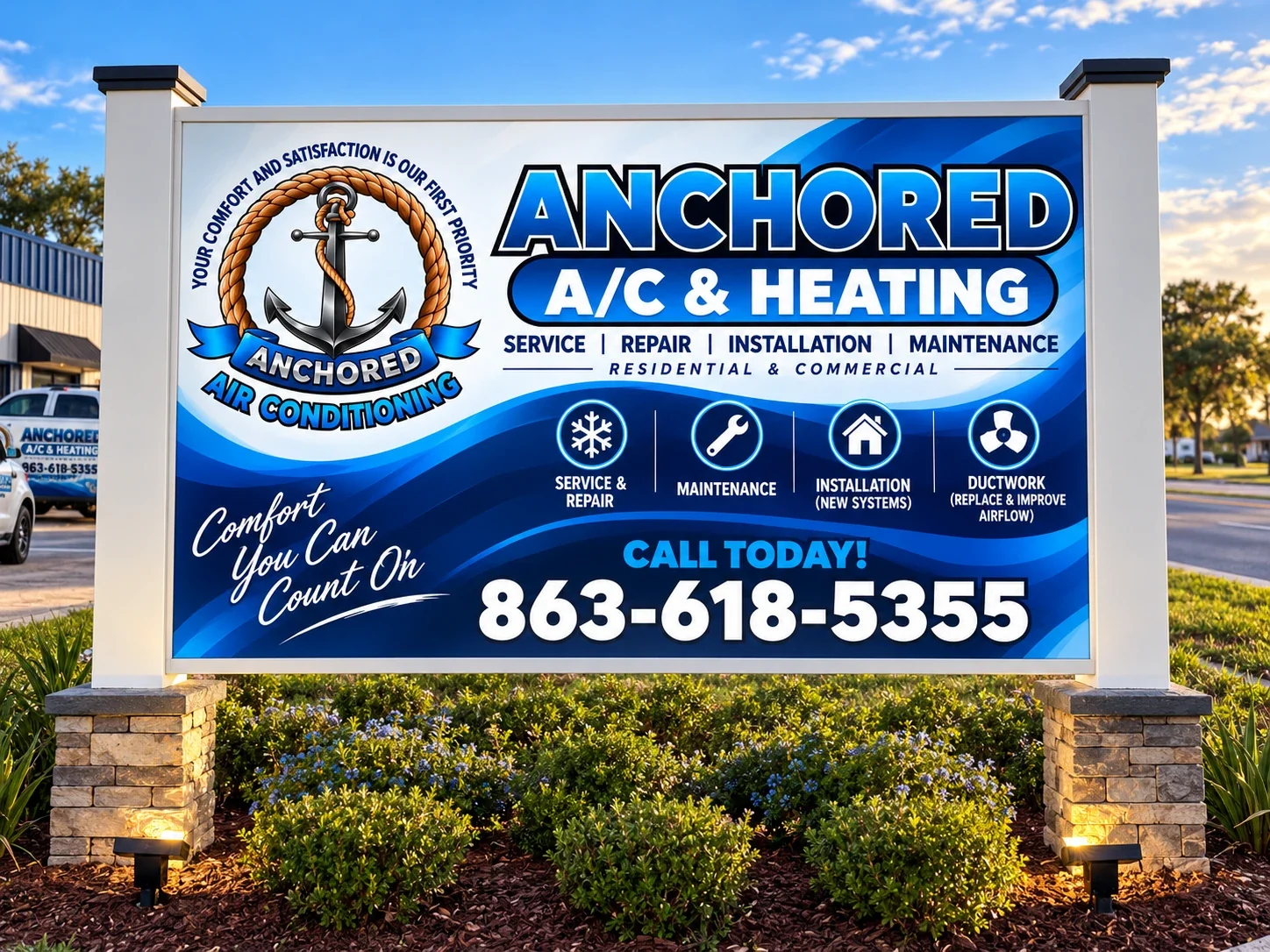 Anchored A/C & Heating illuminated monument sign at their Polk County FL location