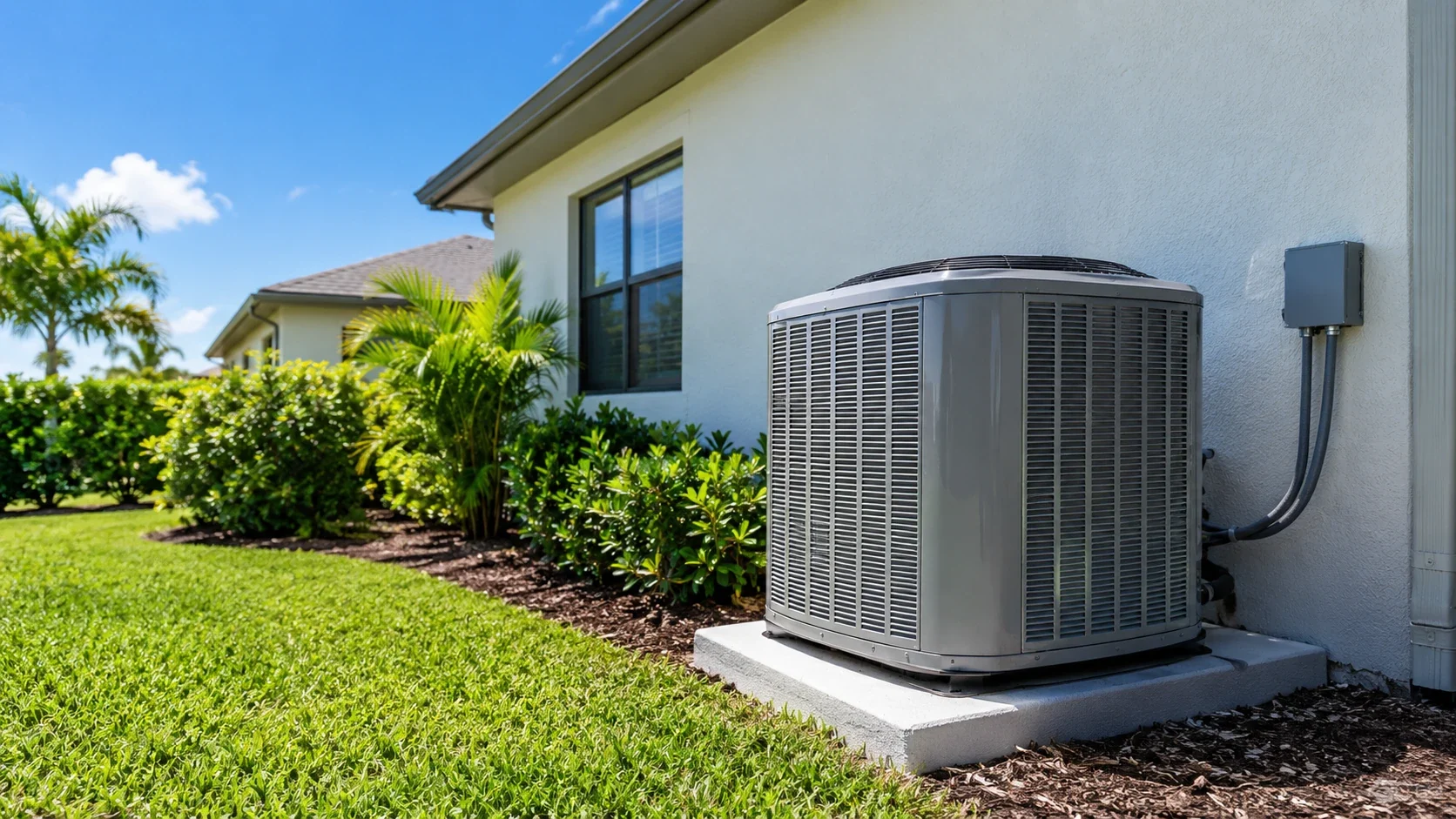 Modern outdoor air conditioner condenser unit installed beside a Florida home, residential AC repair and service in Polk County FL