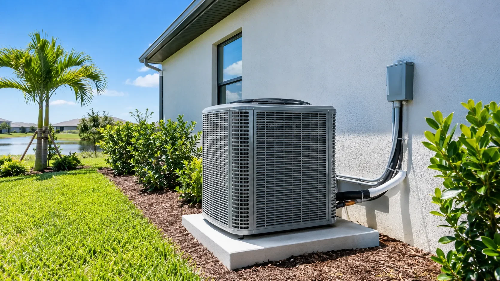 New high-efficiency outdoor AC condenser unit installed at a Florida home in Polk County