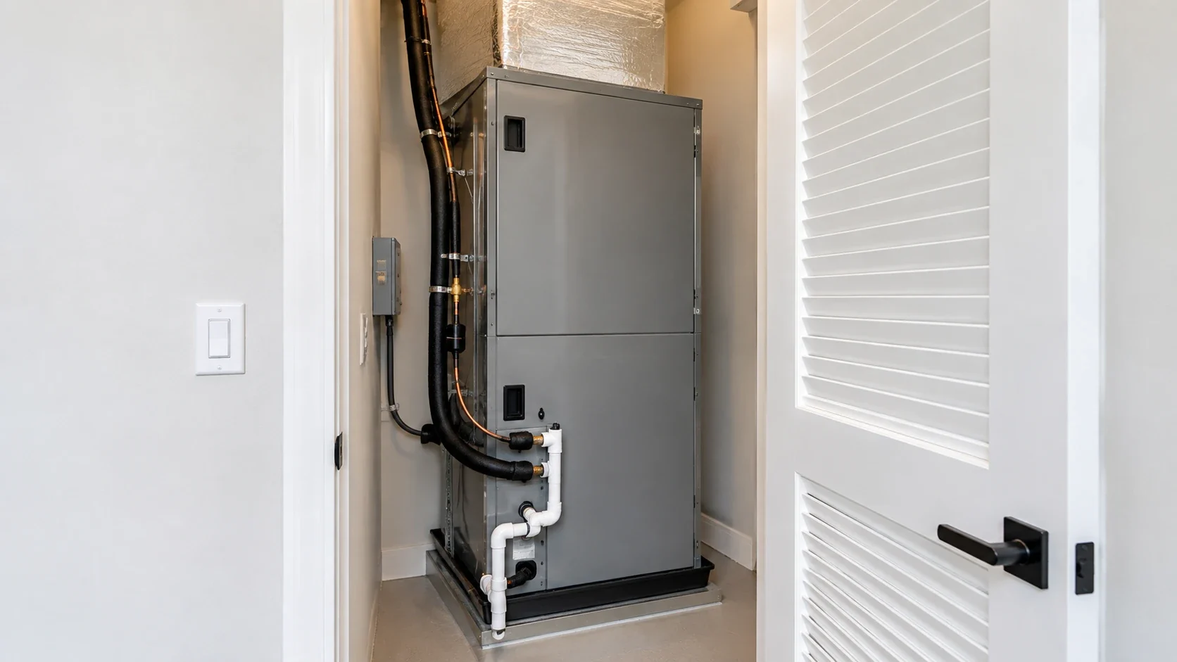 Clean indoor HVAC air handler unit installed in a modern Florida home utility closet in Polk County